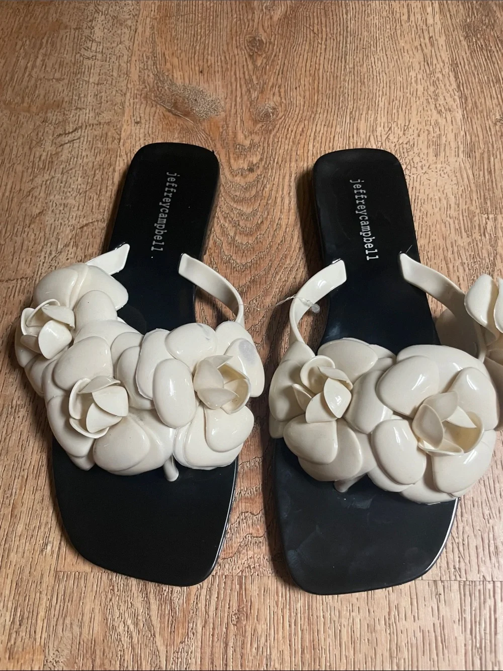 Jeffrey Campbell Black Footbed White Floral Slide Sandals